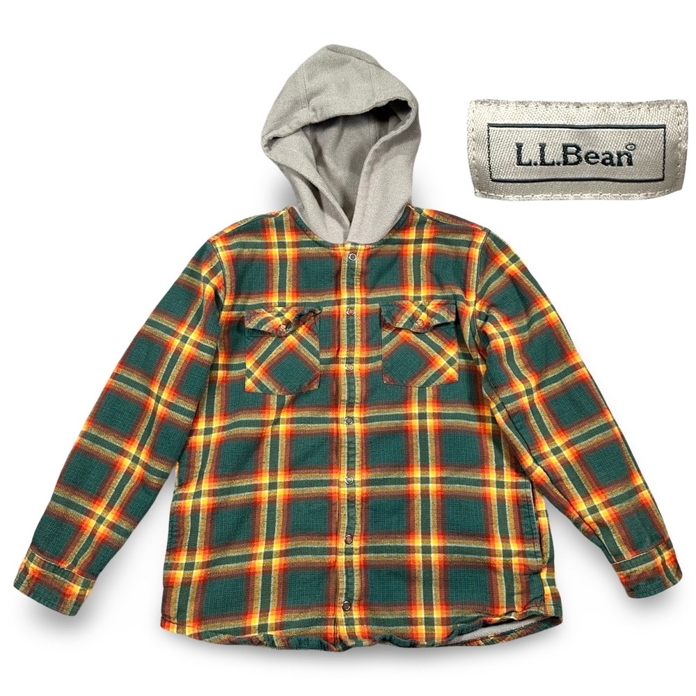 LL Bean Fleece Lined Plaid Flannel Hoodie Shirt Jacket Kids Large 14-16 Outdoor - Picture 2 of 16